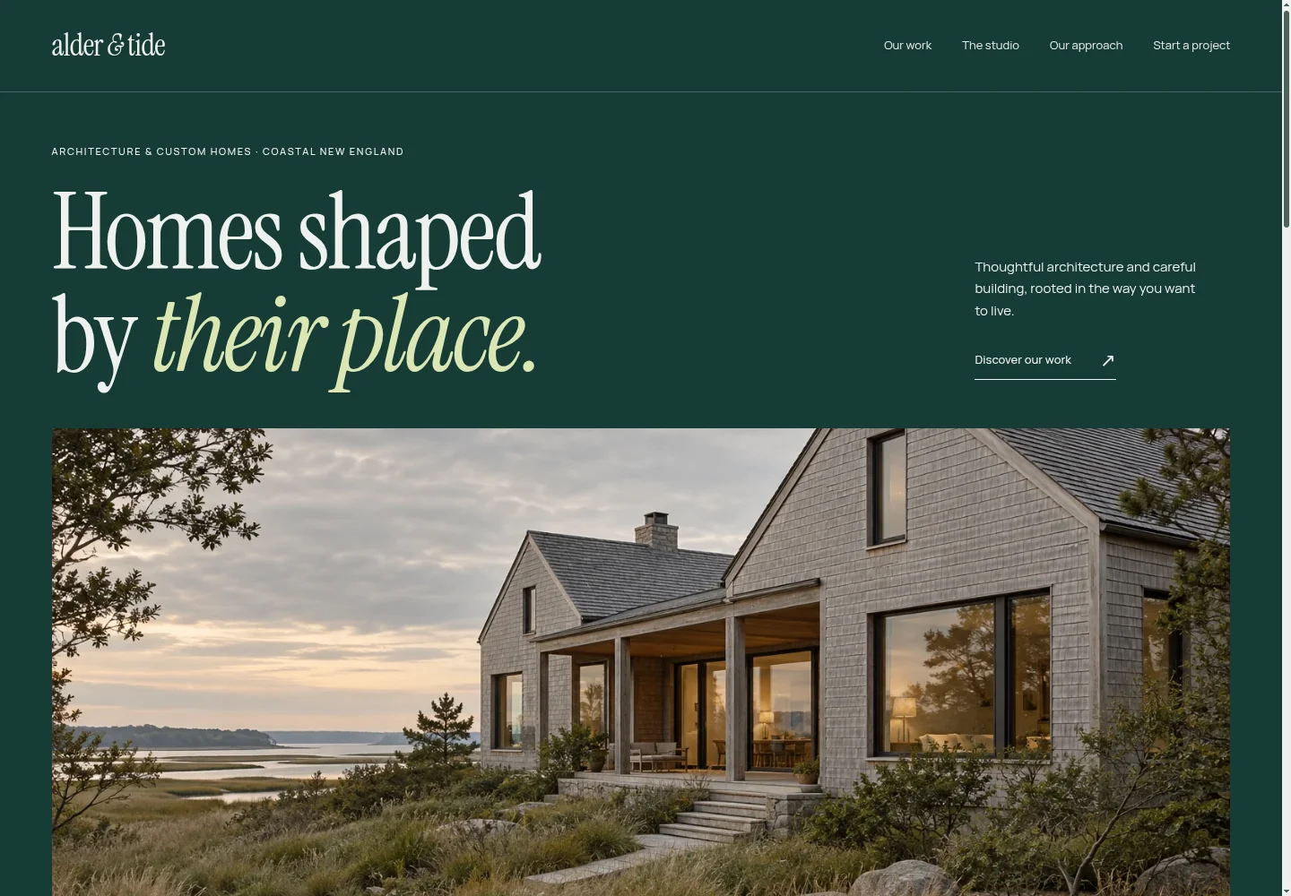 The Alder and Tide homepage: deep green, large serif lettering, and a coastal house image